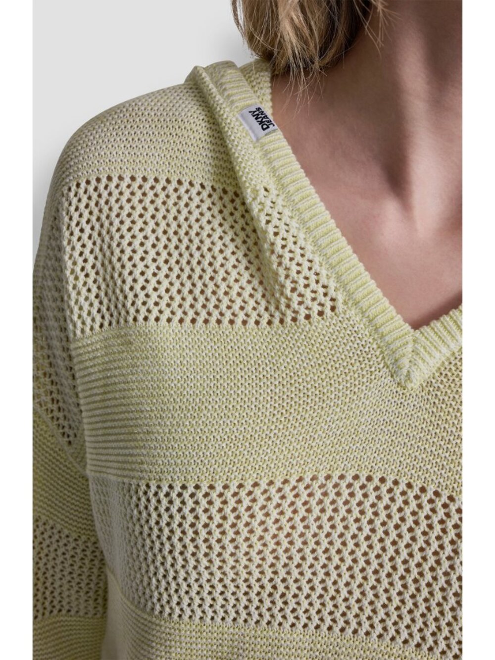 DKNY JEANS NWT POINTELLE STRIPE LEMON LIGHT COTTON HOODED SWEATER. SIZE S - Picture 4 of 11